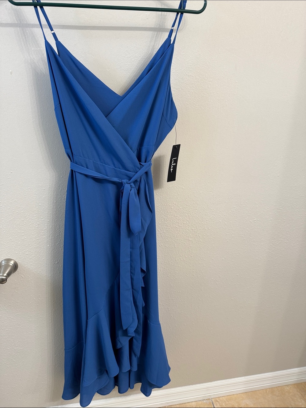 Lulu's Cobalt Blue Spaghetti-Strap Wrap Midi Dress NWT